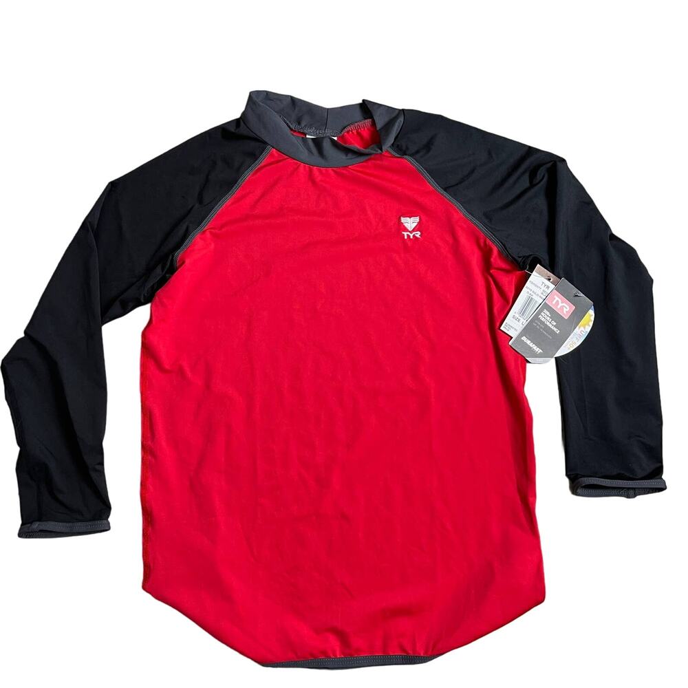 TYR Durafast Lite Solid Long Sleeve Rashguard Top - Red Black Boys Large 12/14